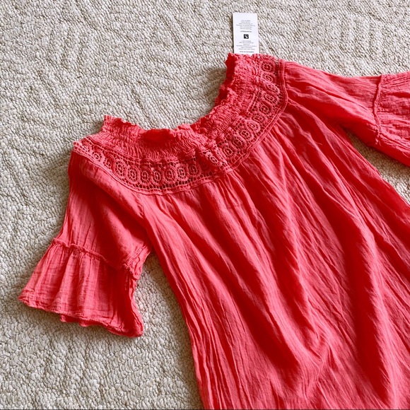 VERO MODA Sz S Off Shoulder Coral Cotton Crinkle Mini Dress - Picture 5 of 16